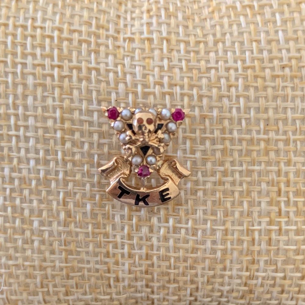 Vintage TKE 14kt Skull & Crossbones Sweetheart Pin with Ruby and Pearl Accents
